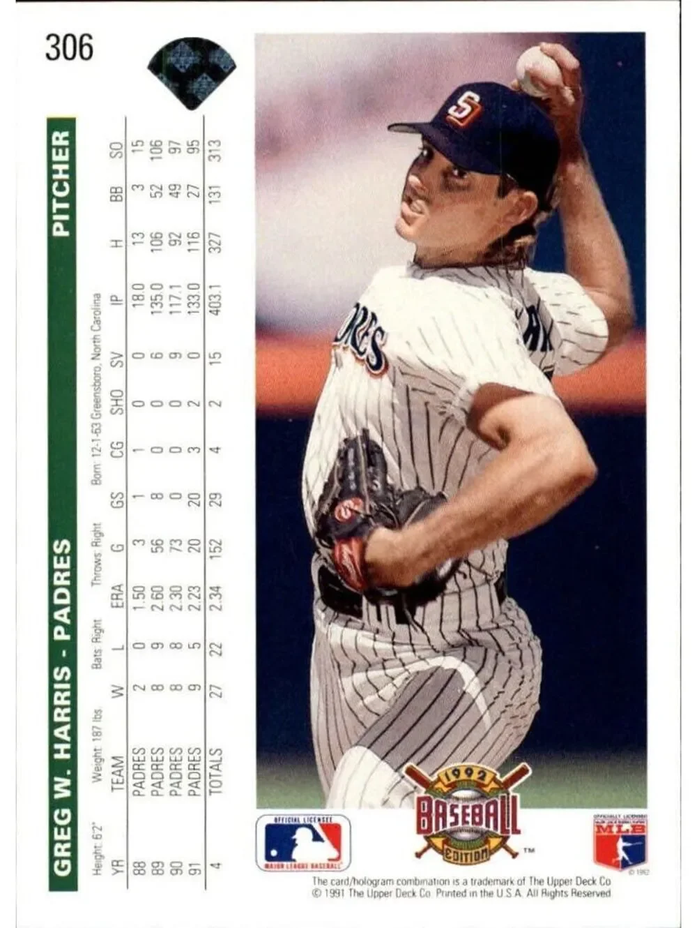 Greg W. Harris 1992 Upper Deck MLB #306 Baseball Card San Diego Padres